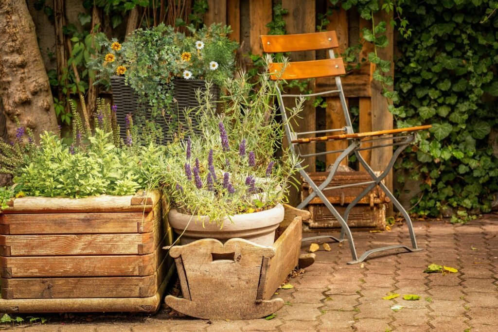 grands pots sur une terrasse